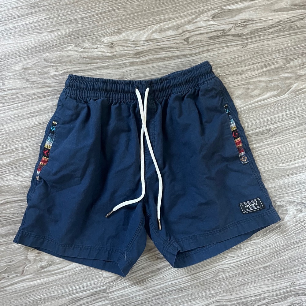 Wowie Mens Navy Blue Elastic Waist Casual Shorts Woven Trim Size Medium